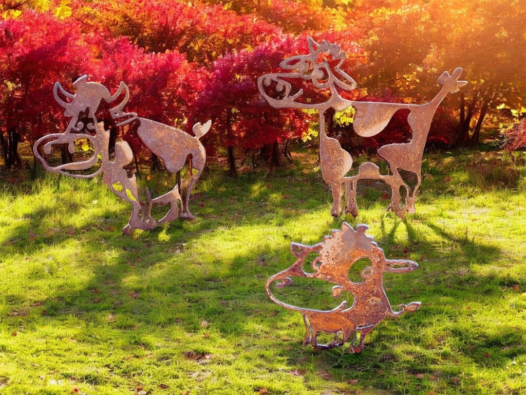 Tre skulpturer af komiske køer lavet af rustent metal, placeret på en græsplæne med røde og orange træer i baggrunden i sollys.