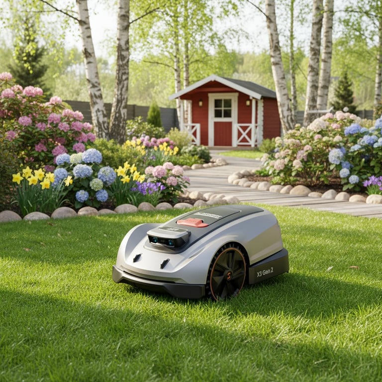 Robotplæneklipper på grøn græsplæne i en velplejet have med blomstrende buske og et rødt havehus i baggrunden.
