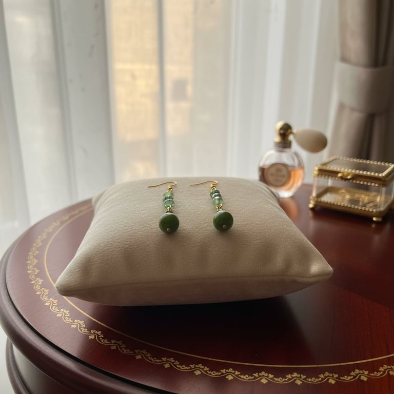 Efterårs øreringe med grønne perler og Jade sten. billede 2