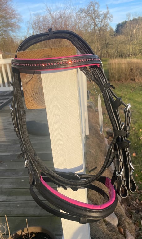 Sort og pink lædertrense til hest med pink sten på pandebåndet hængende på en hvid træpost udendørs.