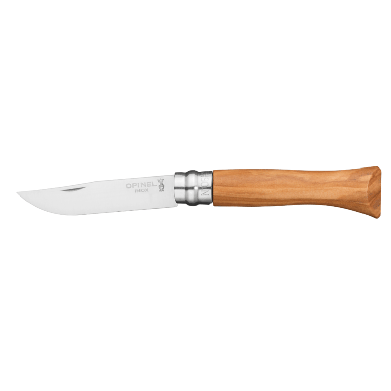 Sammenfoldelig Opinel lommekniv med rustfrit stålblad og træskaft.