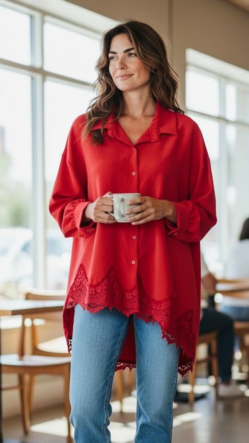 Kvinde iført rød skjorte med blondekant og blå jeans, der holder en kop i et lyst caféområde. (1)