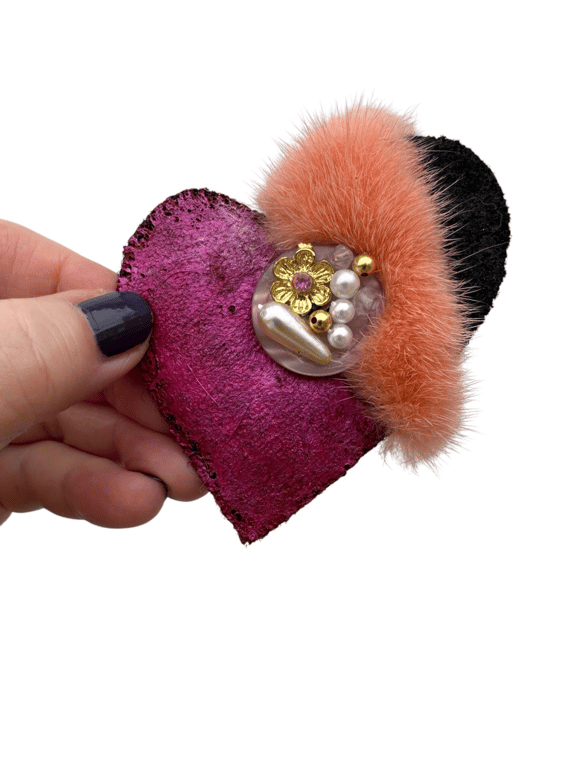 Hjerte Broche med pels og perler #99