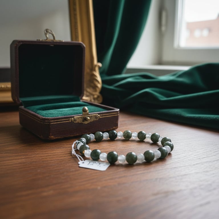 Et armbånd med grønne og hvide perler ligger på et træbord ved siden af en åben, tom smykkeæske med grøn fløjl indeni. En prismærkat er fastgjort til armbåndet. I baggrunden ses en grøn gardin og et vindue.