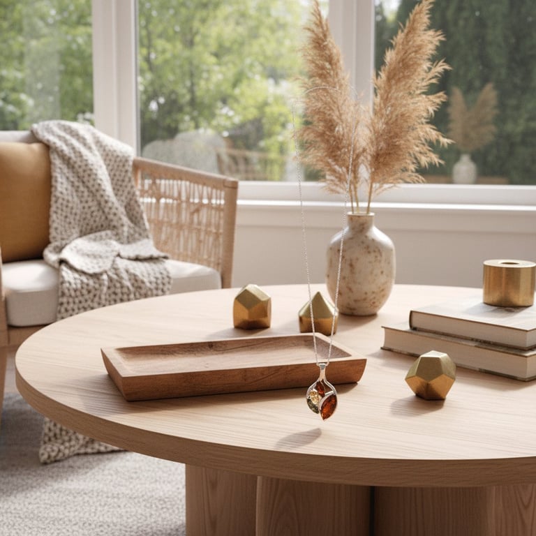 Rundt lyst træbord med vase med pampasgræs, små guldfarvede geometriske dekorationer, en træbakke, bøger og et hængende smykke, foran et vindue med udsigt til grønne træer og en stol med pudebetræk og tæppe.