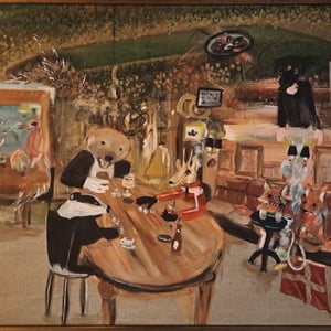 Cafe Kildevæld, med dyrene fra Bankeråt i nyt vandhul, 75x88 akrylmaleri med guldramme – produktbillede