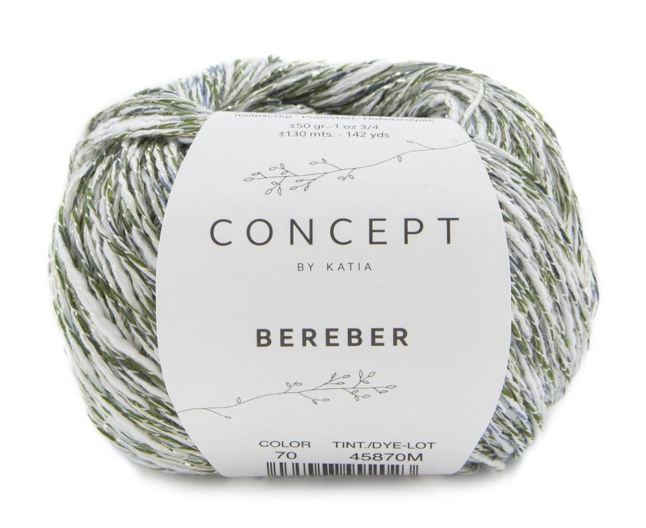 Garnnøgle i grønne og hvide nuancer med etiketten "Concept by Katia Bereber".