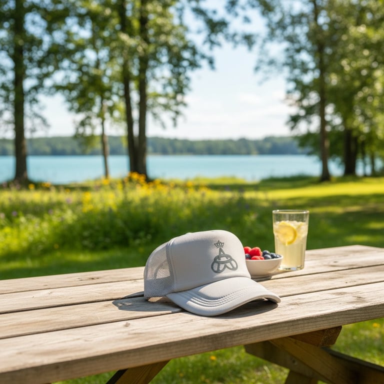 En lysegrå kasket med logo ligger på et træbord udendørs, ved siden af en skål bær og et glas lemonade med citronskive, med udsigt til grønne træer og en sø i baggrunden på en solrig dag.