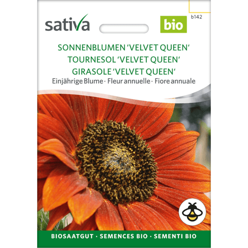 Billede af en pakke med økologiske solsikkefrø 'Velvet Queen' fra Sativa, med nærbillede af en orange-rød solsikke. (1)
