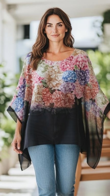 Kvinde iført let, gennemsigtig bluse med farverige blomster, blå jeans og smilende, stående i lyst, udendørs miljø.