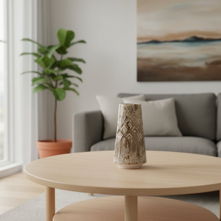 Keramisk vase med mønster på rundt træbord i moderne stue med grå sofa, pudderfarvet pude og grøn plante i terracottapotte.