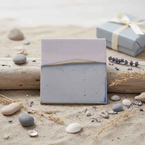 Et firkantet keramikplade med et abstrakt landskabsmotiv i bløde pastelfarver placeret på sand omgivet af små sten, tørrede blomster og en gaveæske med bånd.