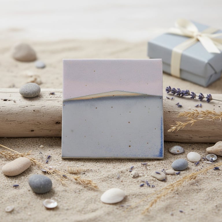 Et firkantet keramikplade med et abstrakt landskabsmotiv i bløde pastelfarver placeret på sand omgivet af små sten, tørrede blomster og en gaveæske med bånd.