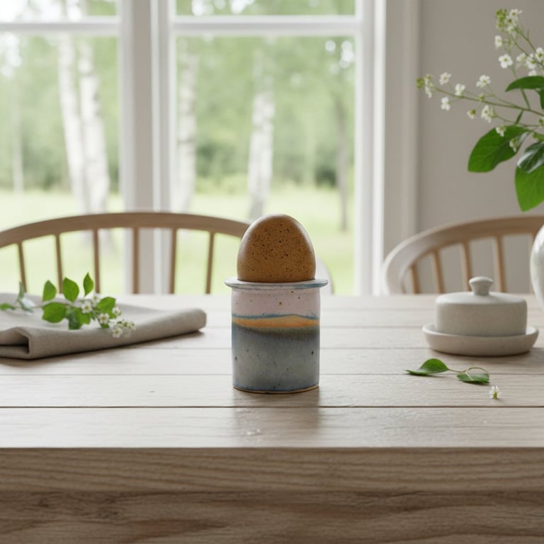 Brunt æg i en keramik æggebæger på et lyst træbord med stole og vindue med udsigt til grøn natur i baggrunden.