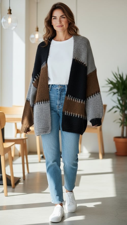 Lilli knit cardigan, Chokolate/grey/black. Onesize str. 36-46. (2)