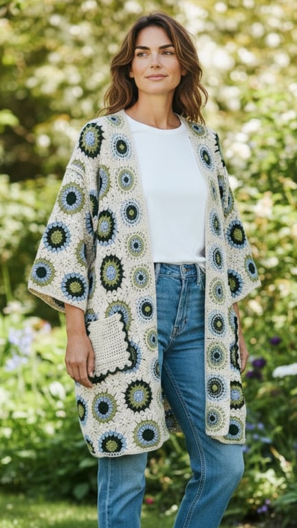 Kvinde iført hæklet cardigan med cirkelmønster i blå, grøn og hvid, hvid t-shirt og blå jeans, stående udendørs med grøn og blomstrende baggrund.