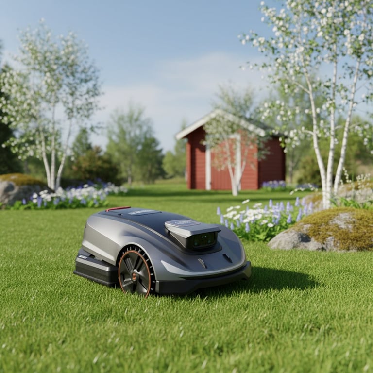 Robotplæneklipper kører på en velplejet græsplæne med blomster, træer og et rødt skur i baggrunden under en klar himmel.