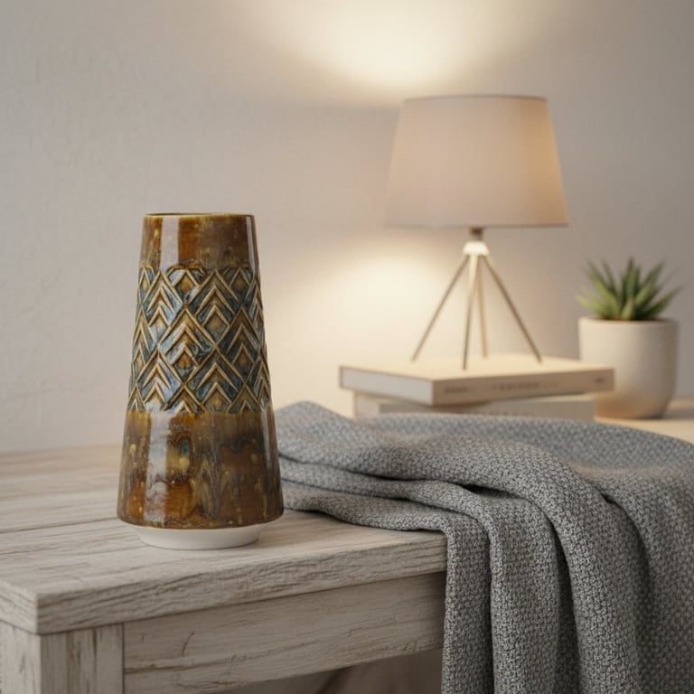 Brun keramisk vase med mønster på lyst træbord, gråt strikket tæppe, bordlampe og lille grøn plante i baggrunden.