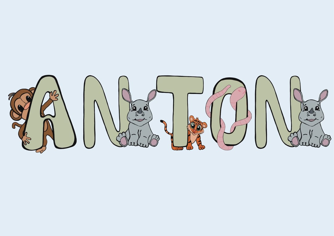 Plakat med Navn: ABC DYR NAVNE-PLAKAT (Grøn Skrift, blå baggrund) (4)