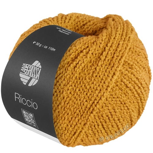 Gul-orange kugle af tykt, uldent garn med sort mærkat med teksten "Lana Grossa Riccio". (3)
