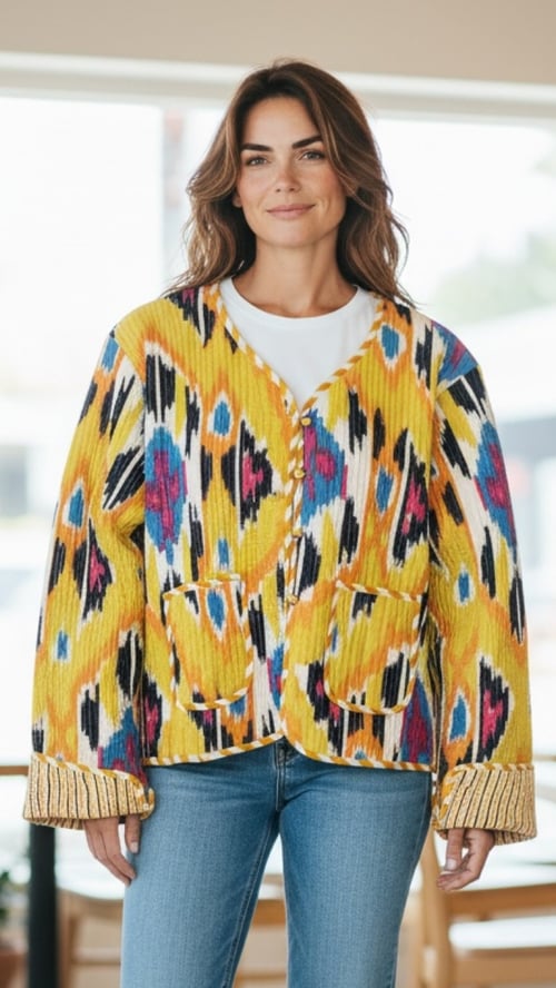 Kvinde iført farverig, mønstret cardigan og lyseblå jeans, stående indendørs med neutral baggrund. (1)