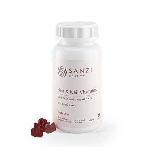 Flaske med Sanzi Beauty Hair & Nail Vitamins kosttilskud med hindbærsmag og vitaminbamser ved siden af.
