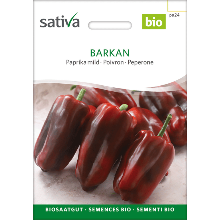 Frøpose til økologiske paprika 'Barkan' fra Sativa med billede af modne, røde paprika.