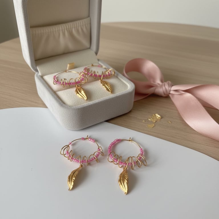 Creole med lyserøde perler og snoede kobbertråd