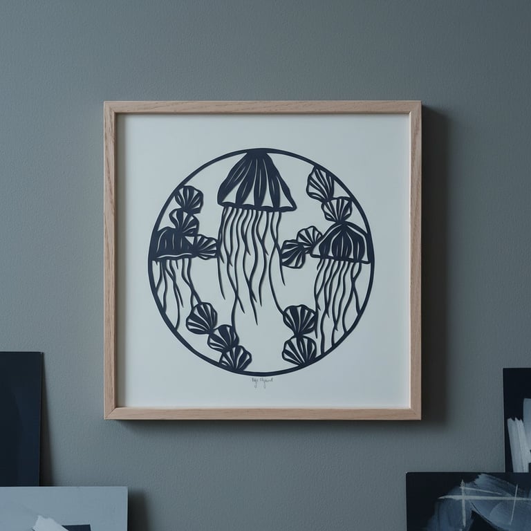 Tegning af maneter og vandplanter i en cirkel, indrammet og hængende på en grå væg.