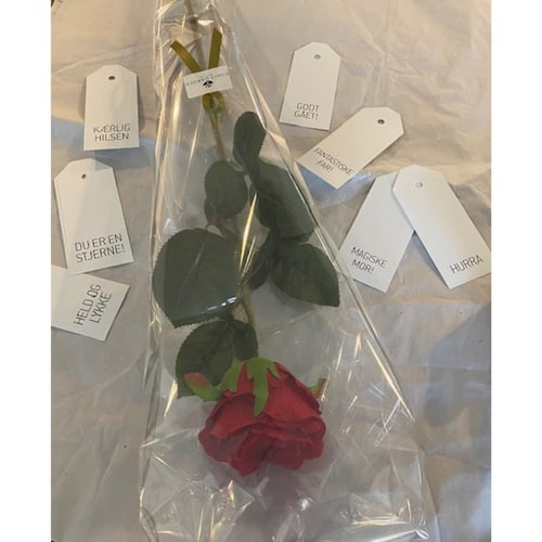 En rød rose indpakket i klar plastik med flere små hvide gave-tags omkring, hver med forskellige danske hilsner som "KÆRLIG HILSEN," "DU ER EN STJERNE!," "HURRA," og "MAGISKE MOR!" (1)