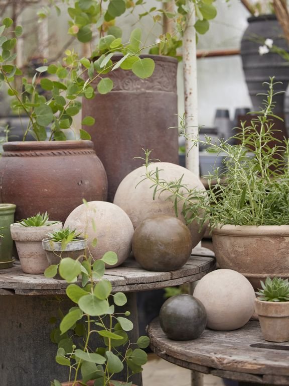 Flere lerpotter med sukkulenter og grønne planter placeret på rustikke, runde træborde sammen med dekorative keramiske kugler.