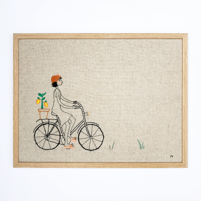Cykler med citron – broderi 30 x 40 cm