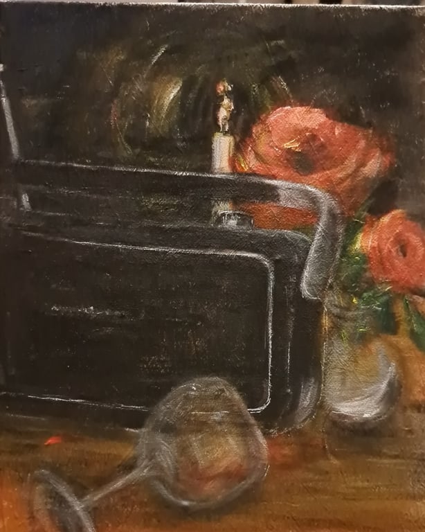 rødvin og DAB radio, 50x40 akryl 