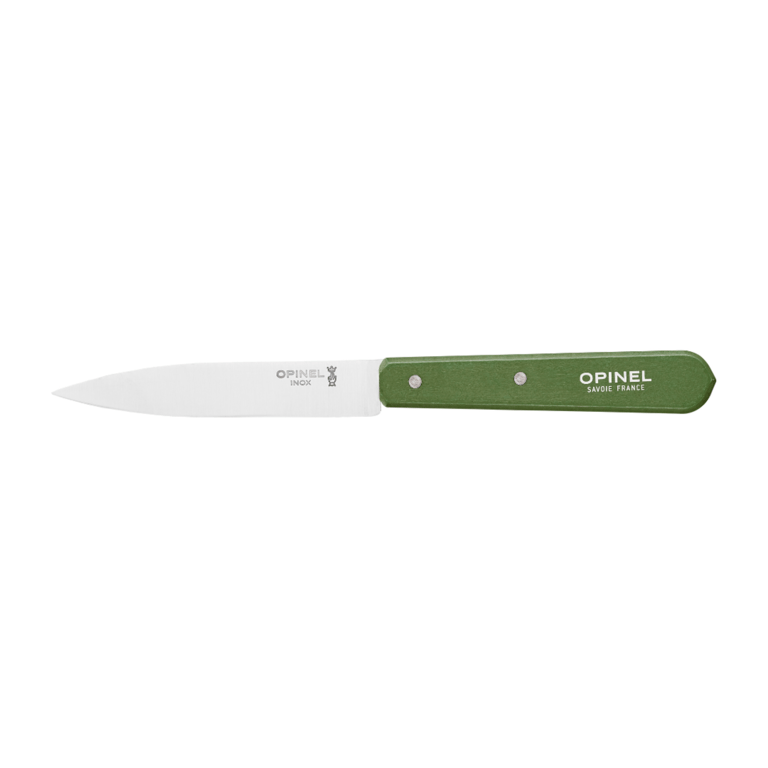 Kniv med grøn håndtag og rustfrit stål klinge fra Opinel.