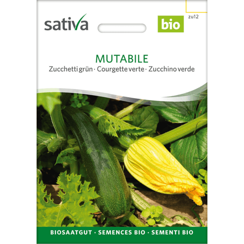 Frøpakke med økologiske grønne zucchini-frø, mærket "Mutabile" fra mærket Sativa, med billede af en grøn zucchini og en gul squashblomst. (1)