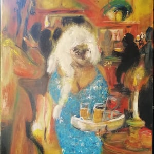 Storbarmet tender, inspireret af Cafe Intime på Frederiksberg, 50x30 akryl  – produktbillede