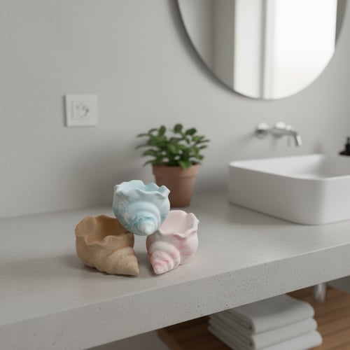 Tre små skåle formet som muslingeskaller i beige, blå og lyserød på en badeværelsesbordplade med en grøn plante i baggrunden. (1)