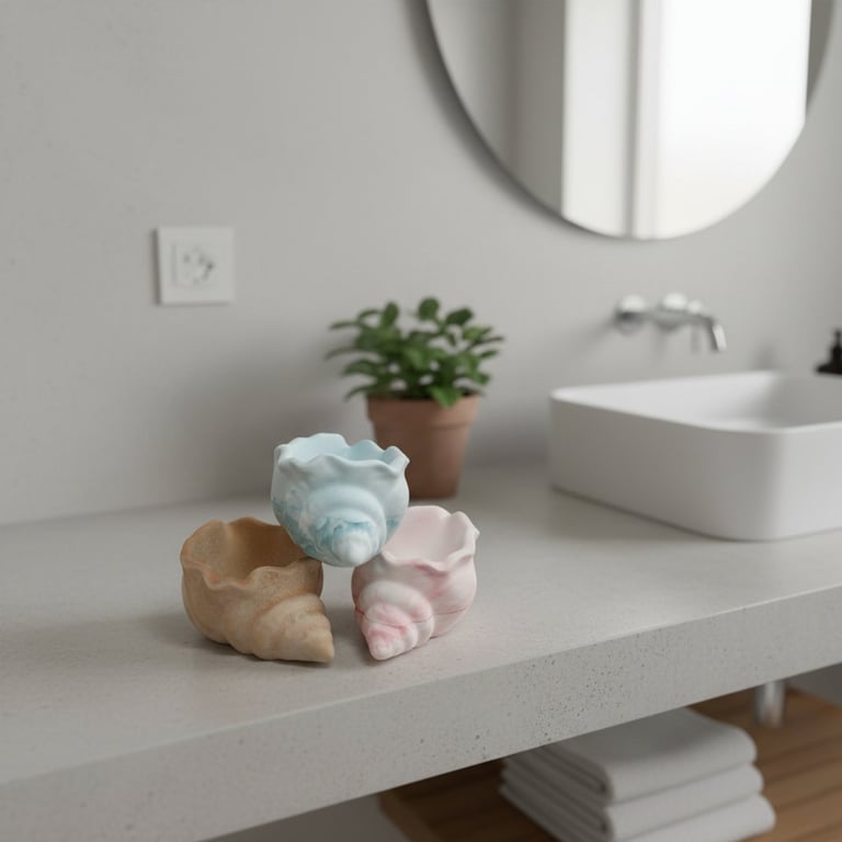 Tre små skåle formet som muslingeskaller i beige, blå og lyserød på en badeværelsesbordplade med en grøn plante i baggrunden.