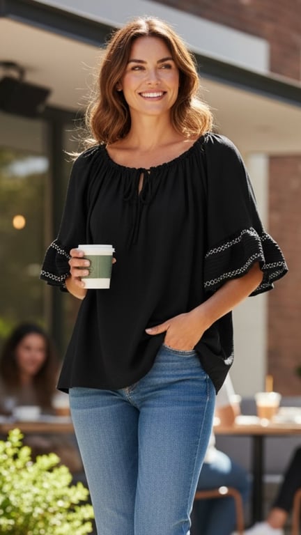 Kvinde iført sort bluse med flæser og lyseblå jeans, smilende og holdende en kop kaffe udendørs ved en café.