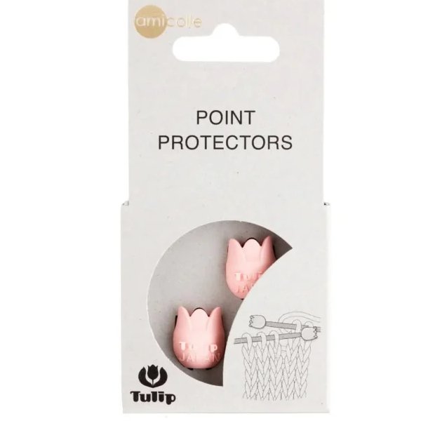 Pakke med lyserøde spidsbeskyttere til strikkepinde formet som tulipaner.