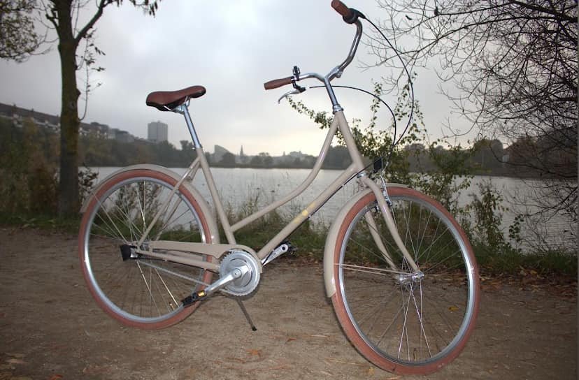 Cremefarvet citycykel med brune dæk og sæde parkeret på en grussti ved en sø med træer og by i baggrunden på en overskyet dag.