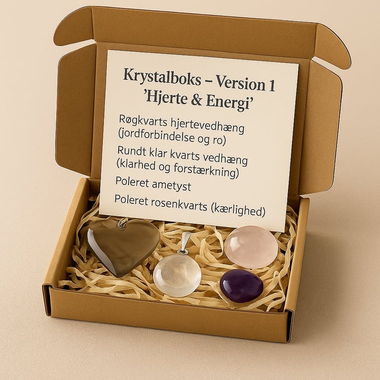 Åben brun papkasse med fire forskellige polerede sten og vedhæng samt et kort med beskrivelser af stenene på dansk. (2)