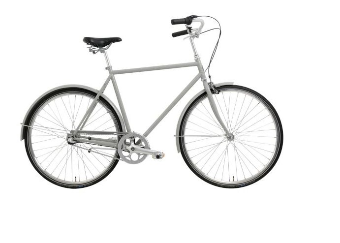 Grå bycykel med sort saddel og sorte håndtag, set fra siden mod en hvid baggrund.