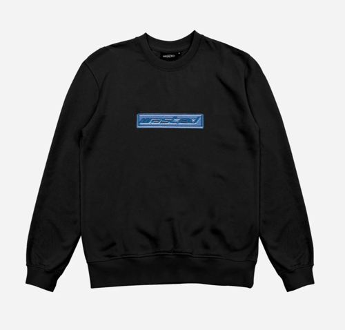 Sort sweatshirt med rund hals og blå "wasted" logo midt på brystet. (1)