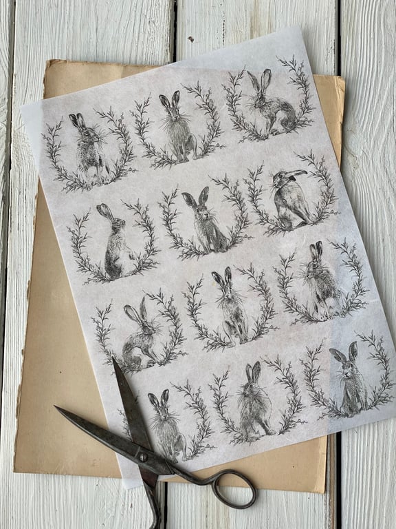 Decoupage papir -12 påske harer i krans
