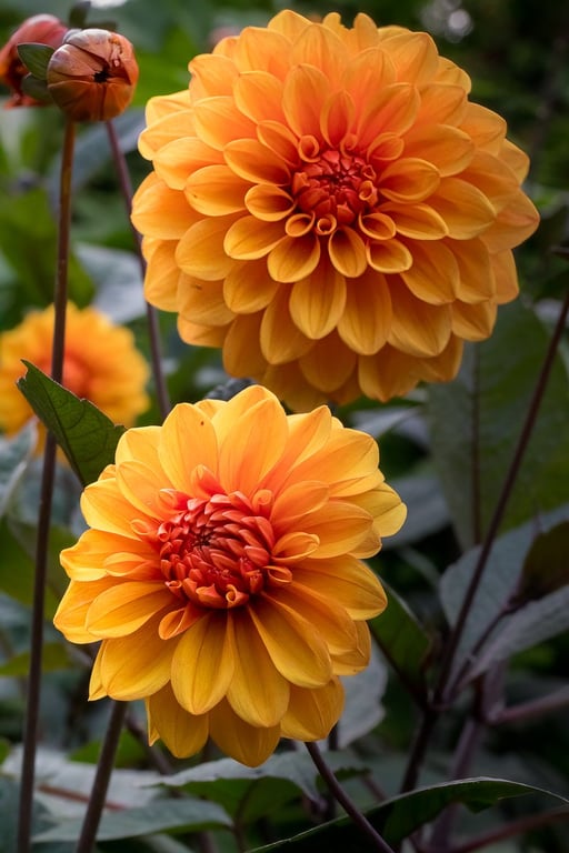 Foto af to smukke Dahlia blomster tæt på.