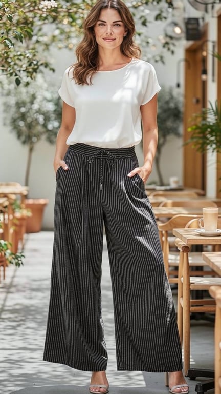 Kvinde iført hvid bluse og sorte, bredbenede bukser med hvide striber, stående udendørs i solrigt caféområde.