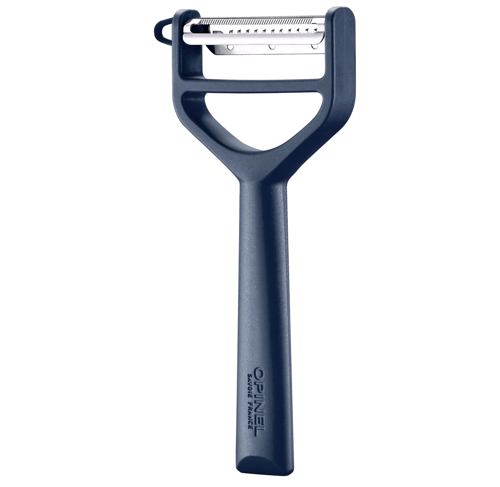 Skrællekniv med bredt greb og dobbelt blad, sort håndtag, mærket "Opinel". (1)