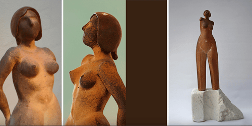 Billedet viser tre billeder af en kvindeskulptur set udefra: den første og anden visning fra forskellige vinkler, og den tredje er en abstrakt skulptur af en kvindefigur uden hoved, stående på en sten.