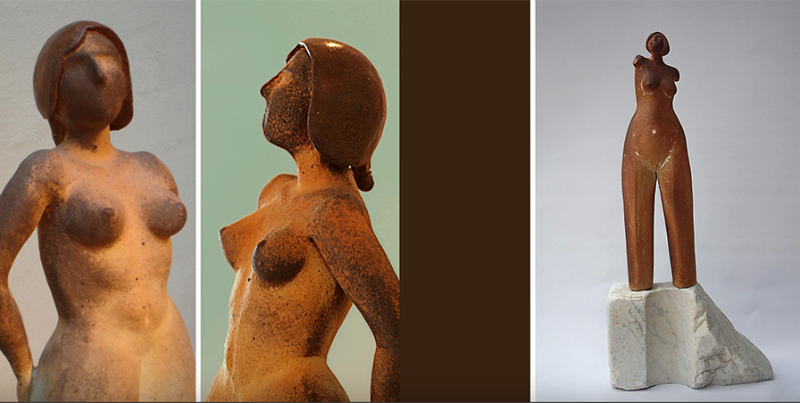 Billedet viser tre billeder af en kvindeskulptur set udefra: den første og anden visning fra forskellige vinkler, og den tredje er en abstrakt skulptur af en kvindefigur uden hoved, stående på en sten.